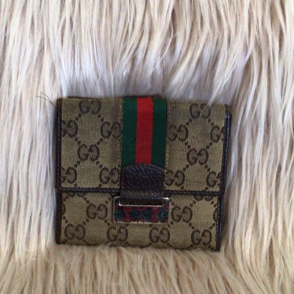 Gucci Beige Monogram Wallet with Green and Red Accent